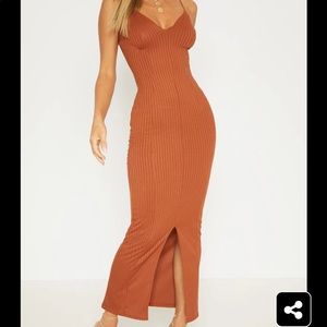 Rust Strappy Plunge Ribbed Midaxi Dress